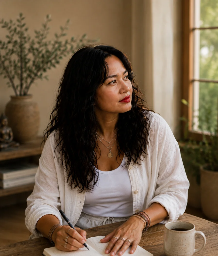 Ivory schrijft aan tafel en kijkt nadenkend opzij tijdens een rustig moment