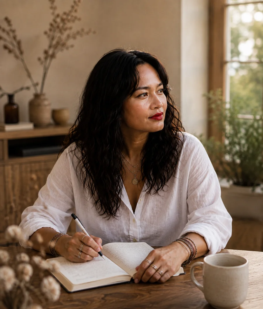 Ivory kijkt peinzend uit het raam terwijl ze aan tafel schrijft